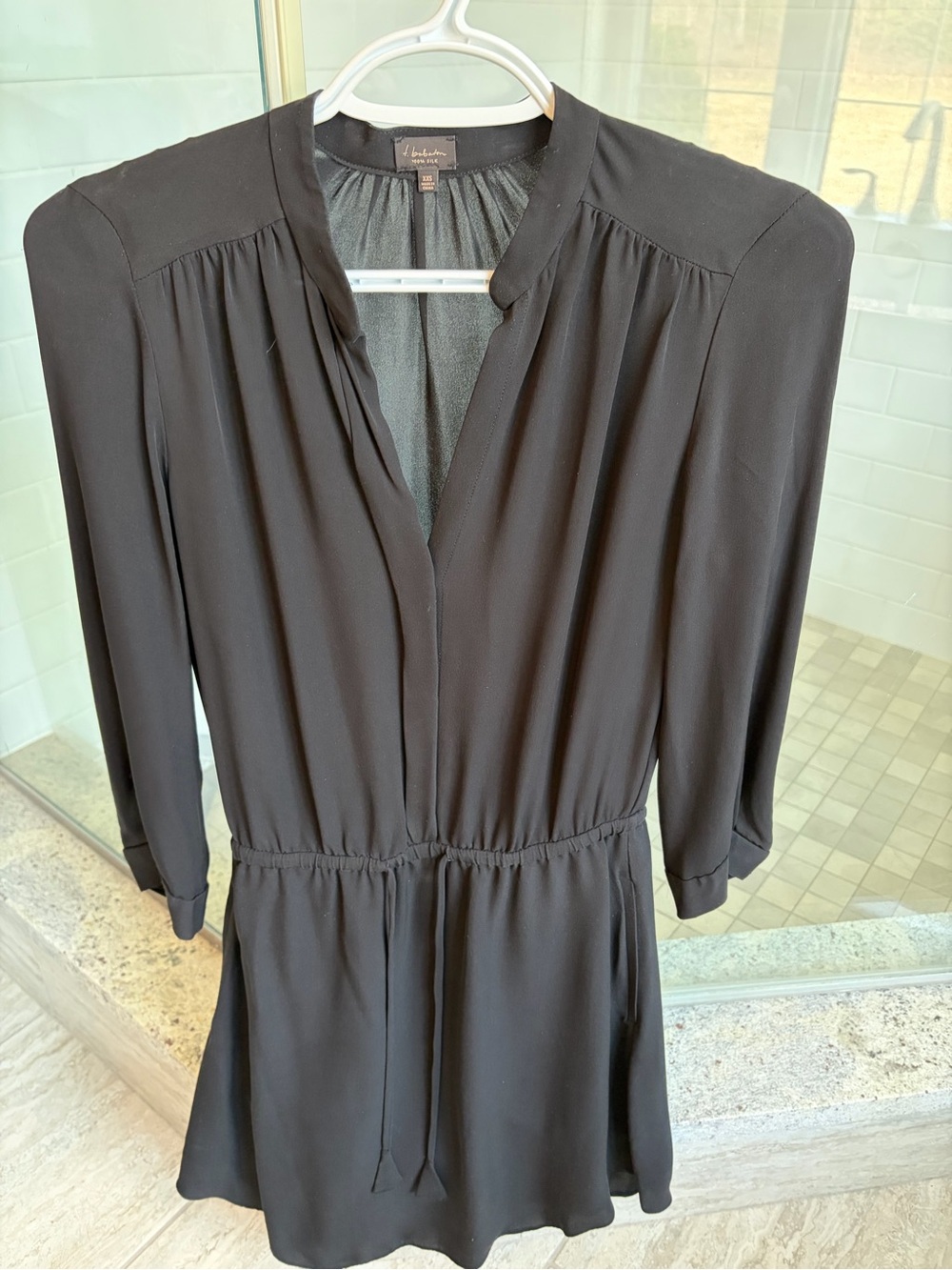 Babaton Black Long Sleeve V-Neck Tie-Waist Dress
